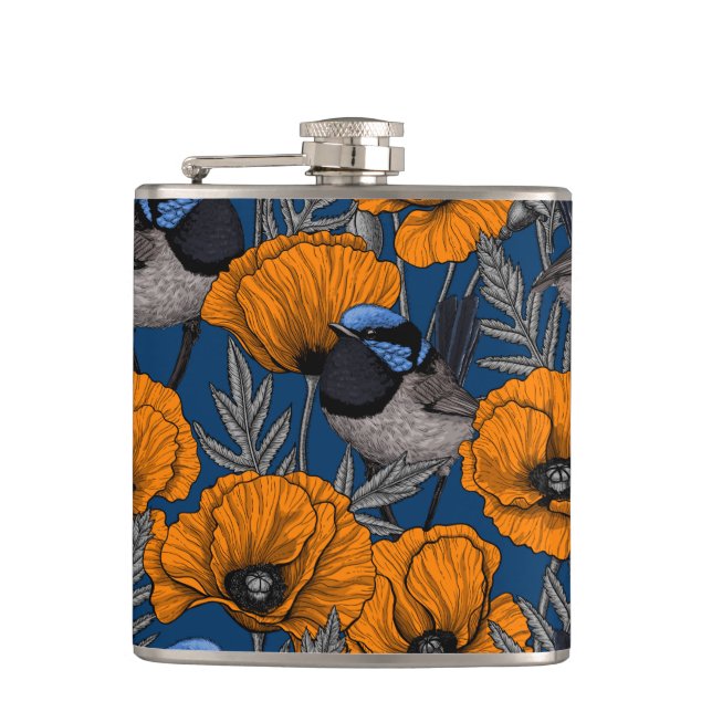Fairy wrens and orange poppy flowers hip flask (Front)