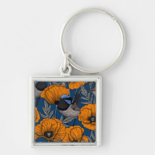 Fairy wrens and orange poppy flowers key ring
