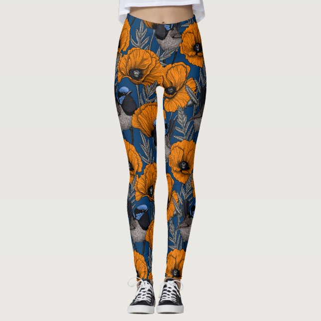 Fairy wrens and orange poppy flowers leggings (Front)