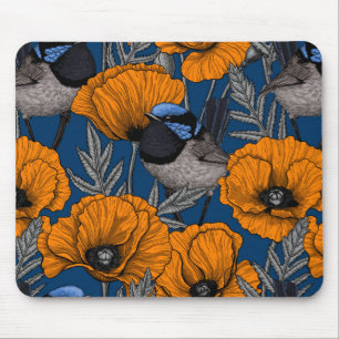 Fairy wrens and orange poppy flowers mouse mat
