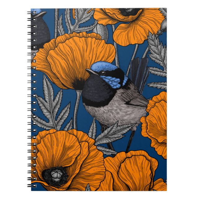 Fairy wrens and orange poppy flowers notebook (Front)
