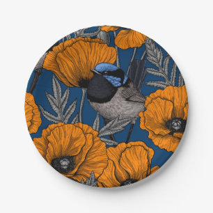 Fairy wrens and orange poppy flowers paper plate