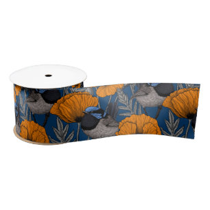 Fairy wrens and orange poppy flowers satin ribbon