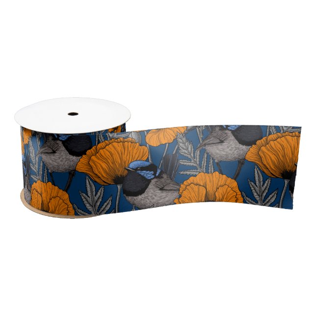 Fairy wrens and orange poppy flowers satin ribbon (Spool)