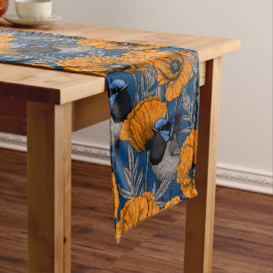 Fairy wrens and orange poppy flowers short table runner
