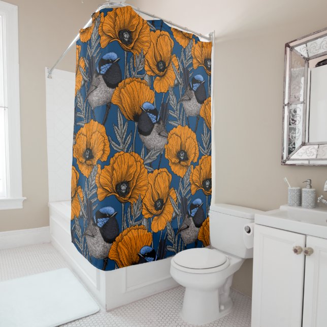 Fairy wrens and orange poppy flowers shower curtain (In Situ)