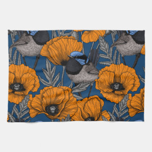 Fairy wrens and orange poppy flowers tea towel