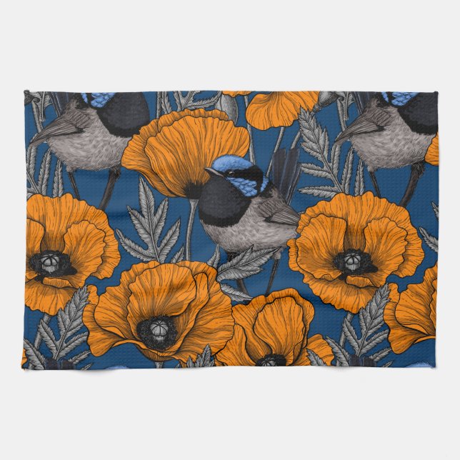 Fairy wrens and orange poppy flowers tea towel (Horizontal)