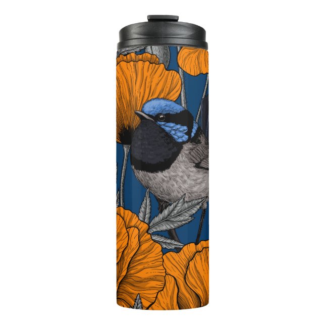 Fairy wrens and orange poppy flowers thermal tumbler (Front)