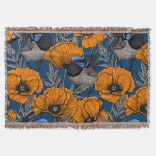 Fairy wrens and orange poppy flowers throw blanket