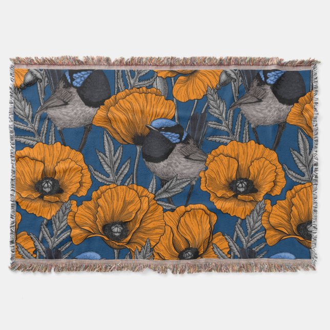 Fairy wrens and orange poppy flowers throw blanket (Front)