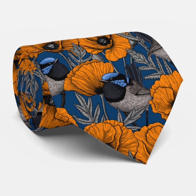 Fairy wrens and orange poppy flowers tie (Rolled)