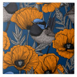 Fairy wrens and orange poppy flowers tile<br><div class="desc">Fairy-wren and poppies,  seamless pattern drawn on Illustrator.</div>