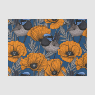 Fairy wrens and orange poppy flowers tissue paper