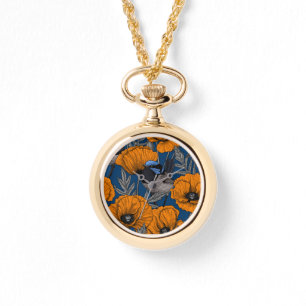 Fairy wrens and orange poppy flowers watch