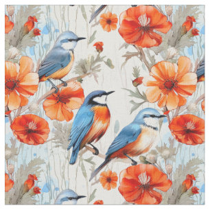 Fairy wrens and orange poppy flowers with birds fabric