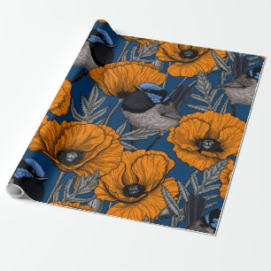 Fairy wrens and orange poppy flowers wrapping paper