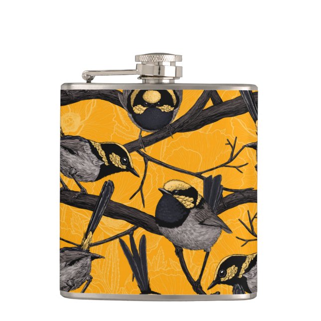 Fairy wrens in yellow hip flask (Front)