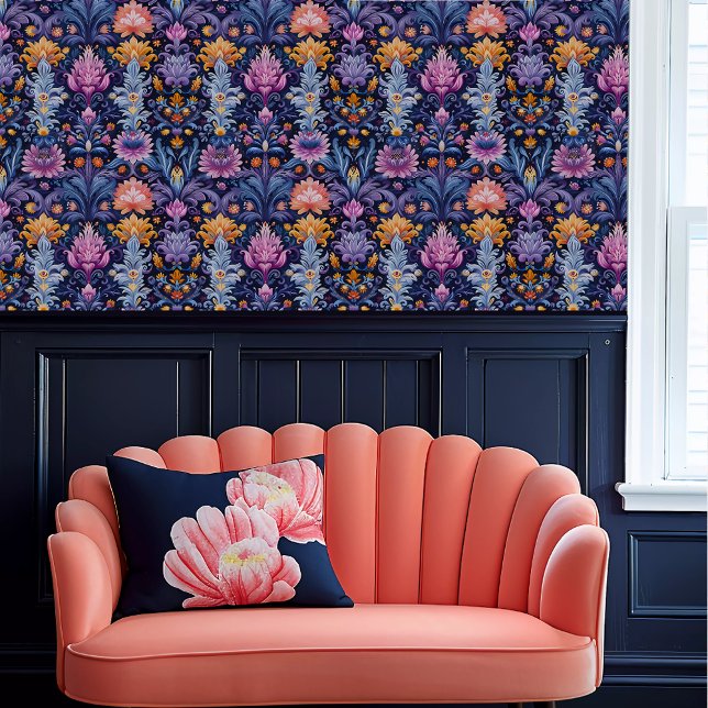 Fairycore All-Watching Purple & Orange Floral Wallpaper (Fairycore All-Watching Purple & Orange Floral Wallpaper above a coral scalloped sofa.)
