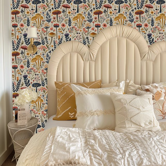 Fairycore Colourful Whimsical Mushrooms on Beige Wallpaper (Fairycore Colorful Whimsical Mushrooms on Beige Wallpaper behind a cream colored headboard.)