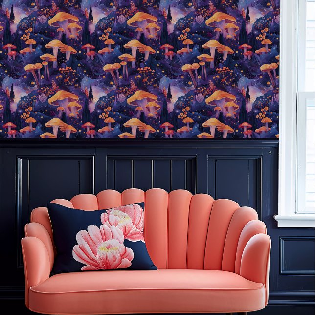Fairycore Large Orange Toadstools in Purple Forest Wallpaper (Fairycore Large Orange Toadstools in Purple Forest Wallpaper above a coral scalloped sofa.)