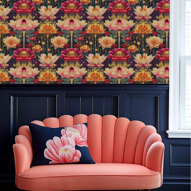 Fairycore Large Whimsical Floral Wallpaper  (Fairycore Large Whimsical Floral Wallpaper above a coral scalloped sofa. )