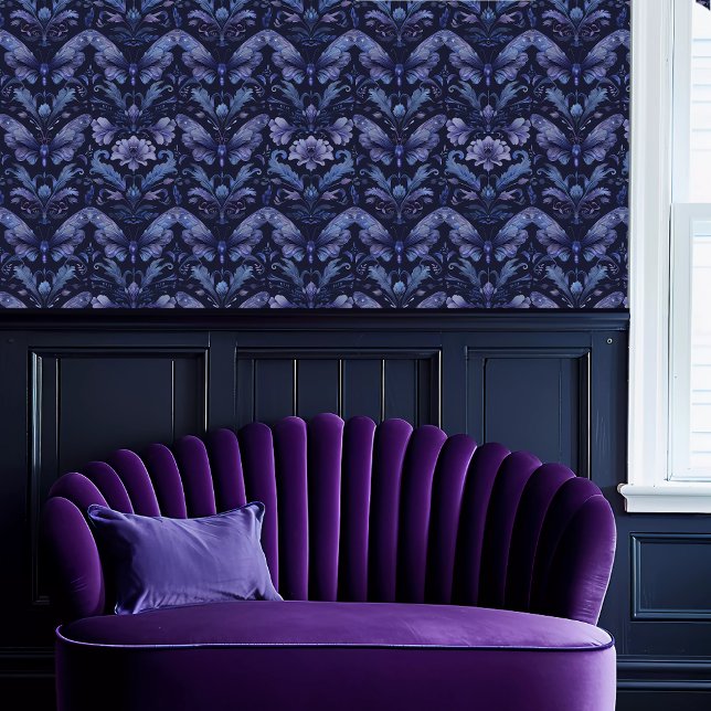 Fairycore Monochromatic Blue Butterflies Wallpaper (Fairycore Monochromatic Blue Butterflies Wallpaper above a purple scalloped sofa.)