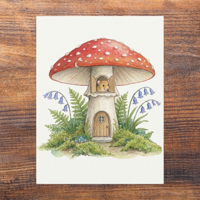 Fairycore Mouse Mushroom House Blank Postcard (Fairycore Mushroom Mouse House Whimsical Wildlife Storybook illustration postcard art print for kids)