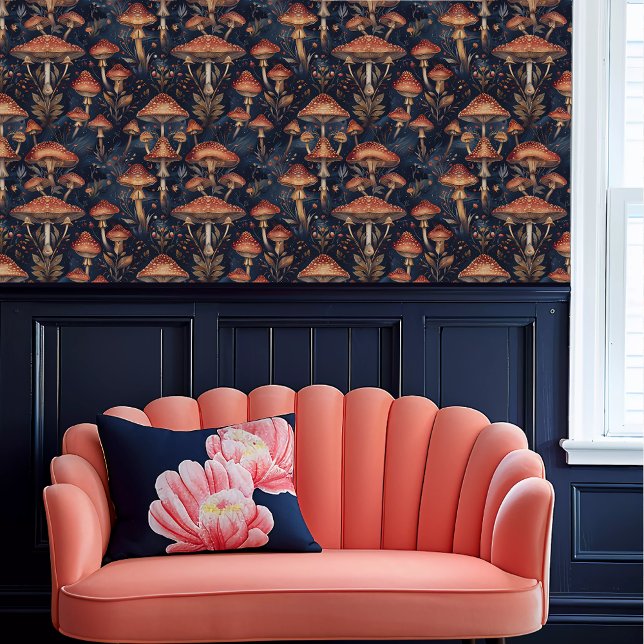 Fairycore Red Toadstools Wallpaper (Fairycore Red Toadstools Wallpaper above a coral scalloped sofa.)