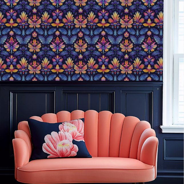 Fairycore Whimsical Blue, Purple, & Orange Floral Wallpaper (Fairycore Whimsical Blue, Purple, & Orange Floral Wallpaper above a coral scalloped sofa.)