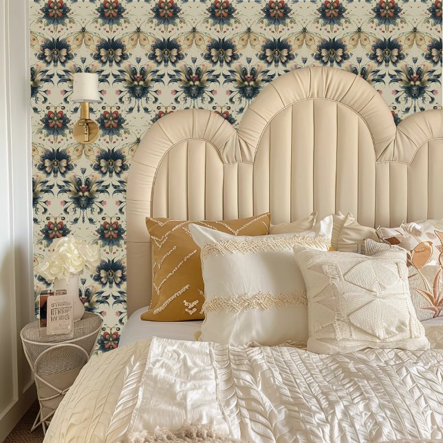 Fairycore Whimsical Flower Bugs Wallpaper (Fairycore Whimsical Flower Bugs Wallpaper behind a cream colored headboard.)