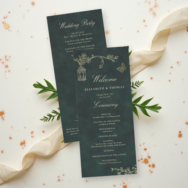 Fairycore Woodland Emerald Green Wedding Program (fairycore woodland enchanted forest emerald green faux gold wedding welcome card roses wild)
