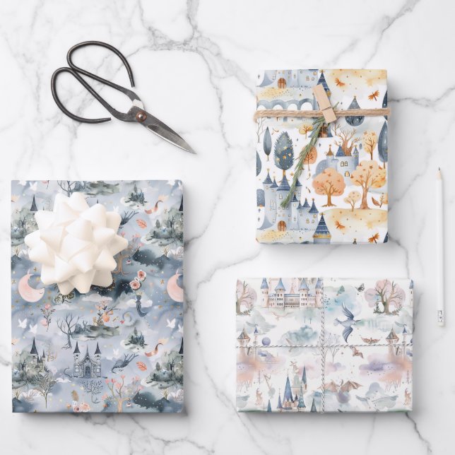 Fairyland Castles Blue Pink Wrapping Paper Sheet (Front)