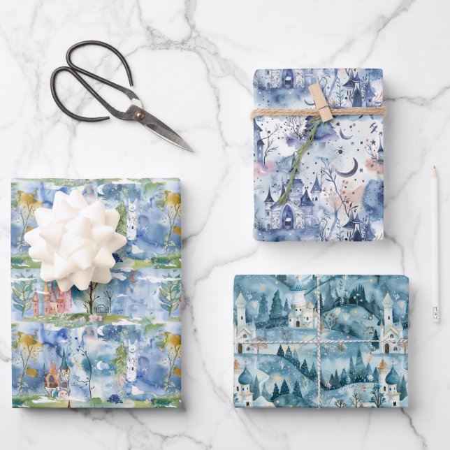 Fairyland Castles Blue Wrapping Paper Sheet (Front)