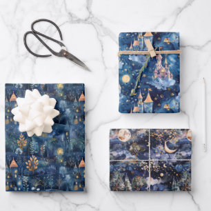 Fairyland Landscape Navy Blue Night  Wrapping Paper Sheet