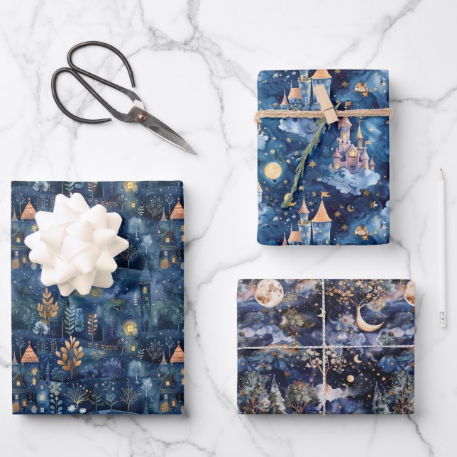 Fairyland Landscape Navy Blue Night  Wrapping Paper Sheet (Front)