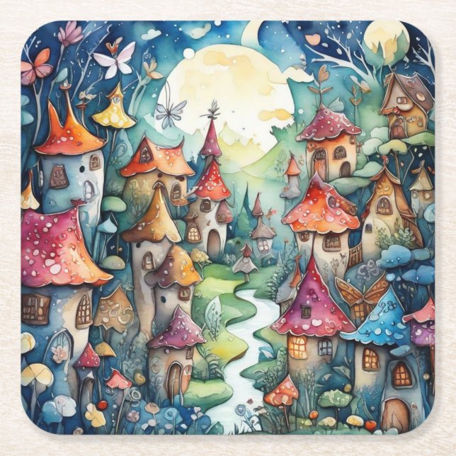 Fairyland magic castle square paper coaster (Front)