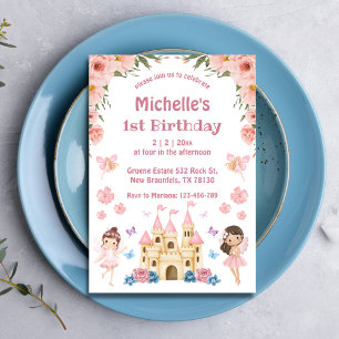 Fairytale and castle pink floral 1st birthday Invitation