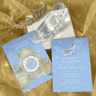 Fairytale Baby Blue Gold Cinderella Quinceanera Invitation
