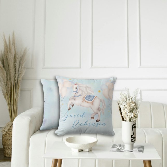 Fairytale baby boy Pony Blue balloons stars Cushion (Creator Uploaded)