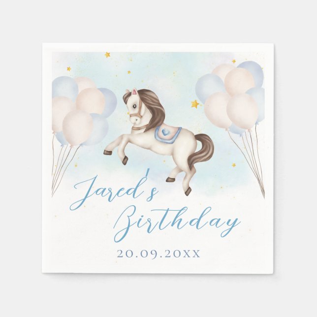 Fairytale baby Pony Blue balloons star Birthday Napkin (Front)