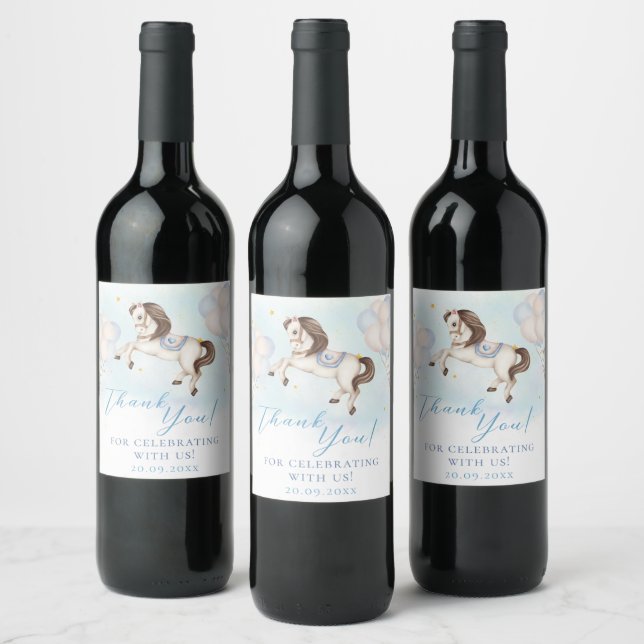 Fairytale baby Pony Blue balloons stars Celebrate Wine Label (Bottles)