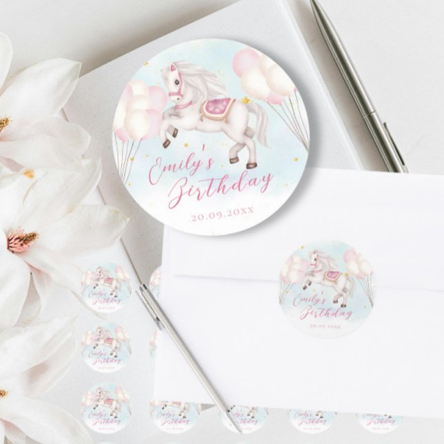 Fairytale baby Pony pink balloons star Birthday Classic Round Sticker (Creator Uploaded)