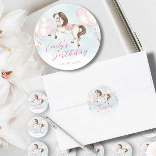 Fairytale baby Pony pink balloons star Birthday Classic Round Sticker (Creator Uploaded)