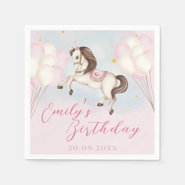 Fairytale baby Pony pink balloons star Birthday Napkin (Front)