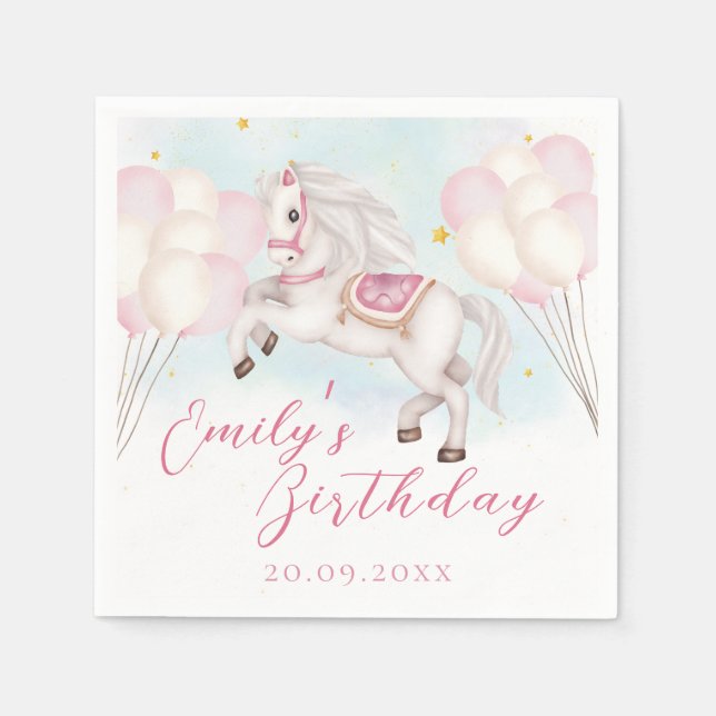 Fairytale baby Pony pink balloons star Birthday Napkin (Front)