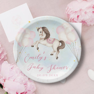 Fairytale baby Pony pink balloons stars Shower Paper Plate