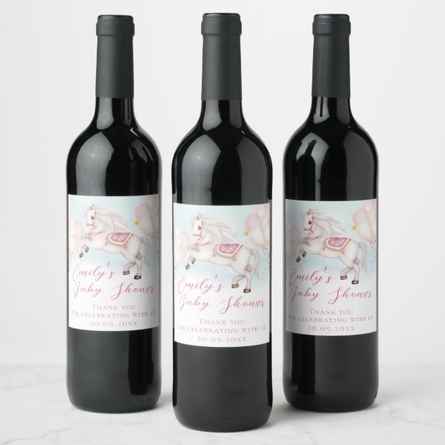 Fairytale baby Pony pink balloons stars Shower Win Wine Label (Bottles)
