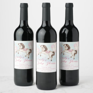 Fairytale baby Pony pink balloons stars Shower Wine Label