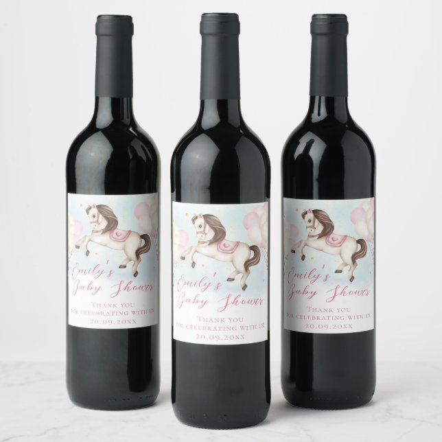 Fairytale baby Pony pink balloons stars Shower Wine Label (Bottles)